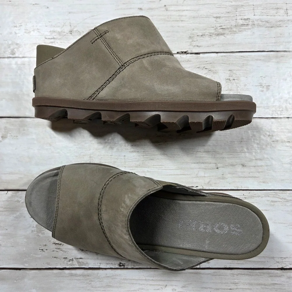 Sorel Joanie II Mule Sandal Peep Toe Wedge Women 8.5 Brown Grey NL3283-365